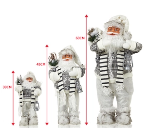 Size comparison of three Santa Claus dolls in 30cm, 45cm, and 60cm heights with gray sweaters