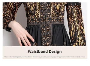 Detail of vintage paisley print on long-sleeved dress with waist belt and retro pattern