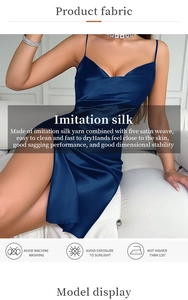 Detail of navy blue satin dress showing fabric texture, washing icons and material specs