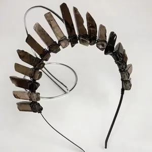 Elegant smokey quartz crystal crown headband with black wire wrap for bridal wedding hair