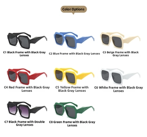 Close-up of square thick-framed sunglasses in eight colors including black, red, and blue