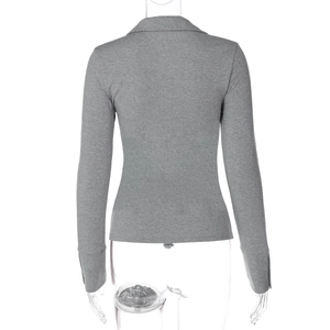 Detail view of the gray slim fit long sleeve knit cardigan back showing fabric texture