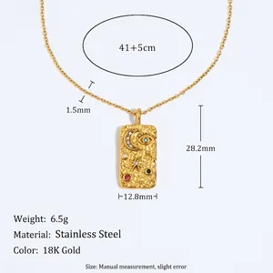 18K gold plated stainless steel rectangle pendant necklace with celestial star and moon icons