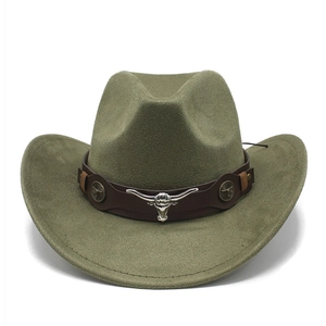 Chapeau de cowboy en daim vert armée avec bandeau en cuir et emblème de tête de taureau