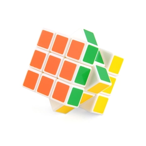 Classic 3x3 educational magic cube with white base and colorful stickers in a rotated state