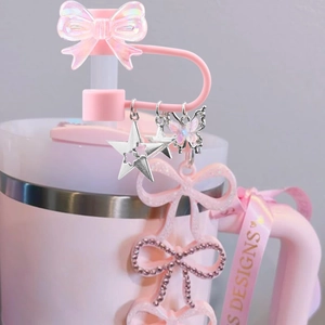 Pink heart silicone straw cover with bow and glitter star butterfly charms for Stanley Cup