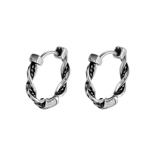 Vintage industrial style twisted rope hoop earrings in retro silver stainless steel