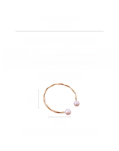Detail view of wavy open bangle with dual pink pearls including size and weight specs