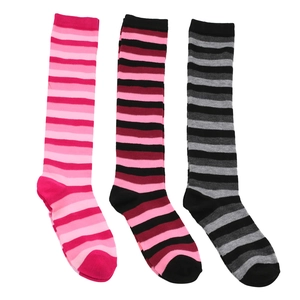 Three pairs of striped knee-high socks in pink, black, and grey stripes on white background