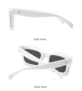 Detail view showing side and back of white square frame sunglasses with metal rivets