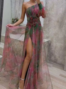 Floral print one-shoulder maxi dress with side slit and 3D floral waist detail
