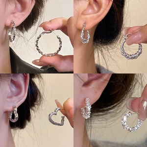 Minimalist Hoop Earrings For Women Alloy Zircon With Silver Earring Post Geometric Twisted Heart Shaped Jewelry