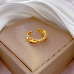 Minimalist double layer crossover open ring in gold plating with pavé zircon stones