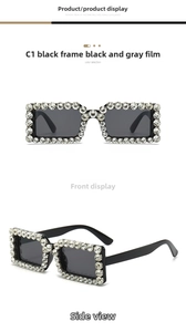 Macro shot of rectangular sunglasses with black frames and sparkling rhinestone edges