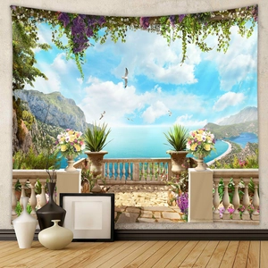 Mediterranean sea terrace tapestry hanging on a wall for aesthetic room decor