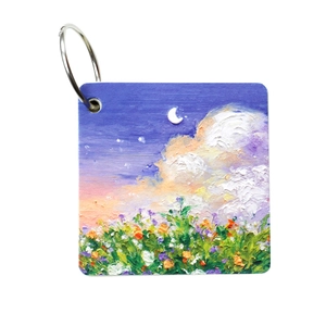 Portable oil painting style notepad keychain with night flower field illustration and ring