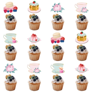 12-piece pack of floral tea party cupcake toppers featuring macarons and desserts