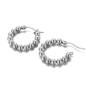French style silver stainless steel hoop earrings with minimalist beaded sphere design