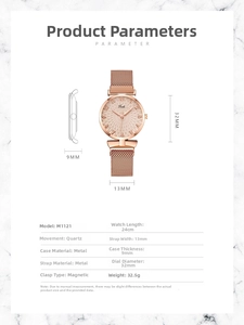Spécifications de la montre femme M1121 or rose avec bracelet en maille magnétique