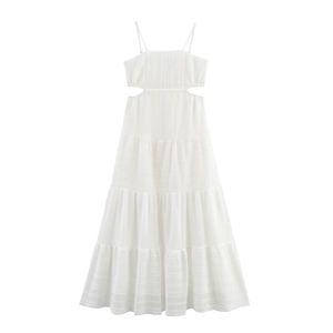 Women White Hollow Out Waist Mesh Maxi Dress Tiered Spaghetti Strap Square Neck Summer Beach Vacation Elegant Long Vestido