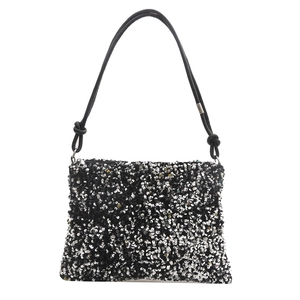 Sac à bandoulière tendance avec paillettes noir et argent et fine sangle en cuir