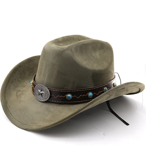 Chapeau De Cowboy Western Daim Large Bord Étoile Métallique Vintage Concho Bande Cuir Perles Turquoise Style Rétro Unisexe
