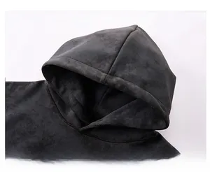 Detailed view of the washed dark grey hoodie hood with distressed vintage fabric texture