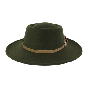 Close-up of the dark green wool fedora hat with a brown leather buckle strap detail
