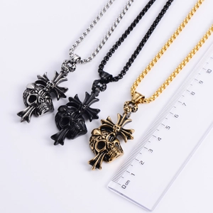 Skull cross titanium steel punk pendants in silver black and gold with size scale