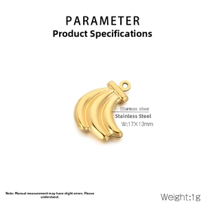 Detailed parameter view of a gold banana-shaped stainless steel pendant measuring 17x13mm