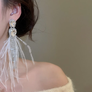 Macro side view of silver tassel earrings with crystal teardrops and white feathers