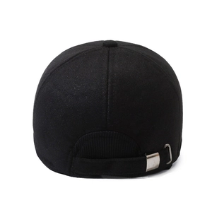 Rear view of black thermal baseball cap with ear flaps and adjustable metal buckle closure
