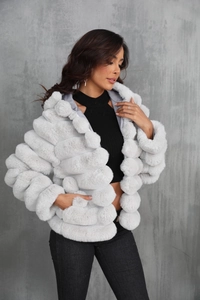 Detail of light gray faux fur texture and short cut design on a winter hooded jacket