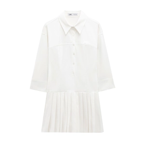 Women White Pleated Shirt Dress Short Sleeve Lapel Button Down Polyester Mini Everyday Wear Casual Elegant