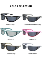 Multiple color options of Y2K wraparound sports sunglasses in a professional grid view