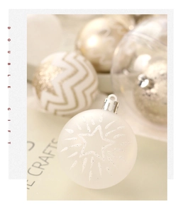 Detailed macro view of champagne gold and white Christmas balls with varied glitter textures