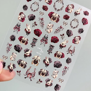 Detailed relief nail stickers featuring red roses, gothic bunnies, and skull patterns