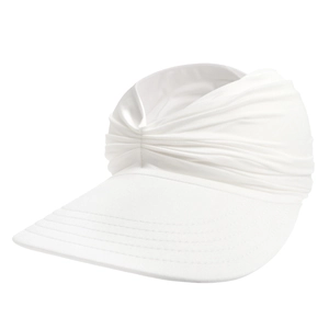 Detailed view of the white sun visor hat with stylish front knot and stitched wide brim