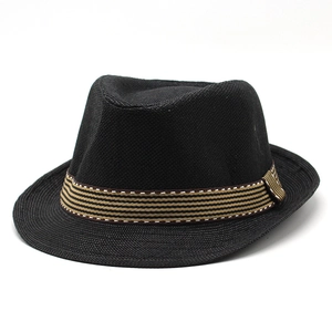 Chapeau fedora en paille noire pour homme avec ruban rayé pour protection solaire