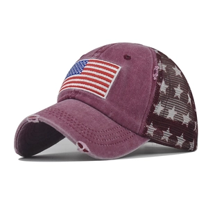 Detailed side view of washed vintage baseball cap with US flag patch and star mesh detail
