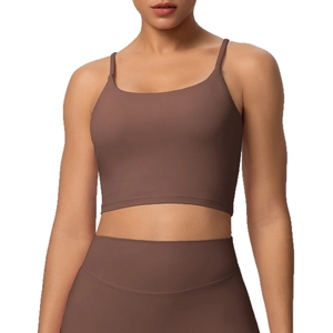 Women's brown yoga set with strapless sports bra and high-waisted leggings