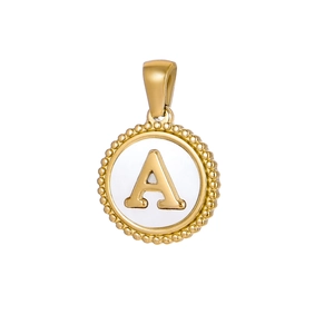 Golden round pendant with engraved capital letter A and white center for necklaces