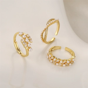 Elegant Adjustable Open Ring Gold Plated Copper With Imitation Artificial Pearl And Zircon Micro-Inlaid Fashion Jewelry For Women