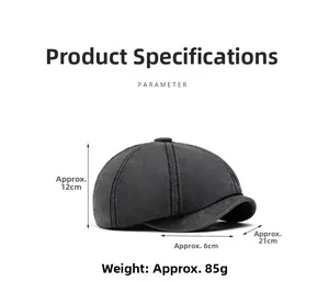 Detailed view of dark grey octagonal newsboy hat with stitched fabric and product dimensions
