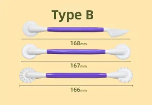 Three-piece purple baking carving tool set with detailed length measurements 166-168mm