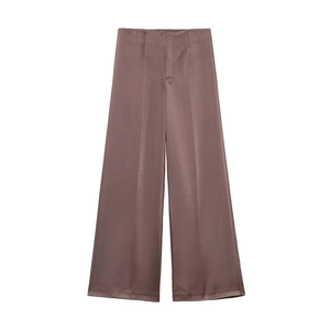 Elegant satin wide-leg trousers in taupe with a glossy finish and fluid drape design