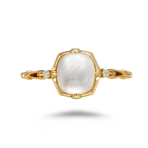 Elegant gold S925 silver ring with square shell gemstone and side diamonds on white background