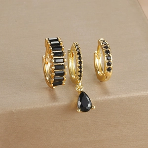 Three-piece gold plated water drop earring set with black zircon in luxury geometric style