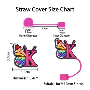 Pink silicone butterfly straw cover size chart for 10mm straws with letter K detail
