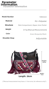Dettaglio borsa boho con frange, fibbia floreale in metallo e tracolla in tessuto